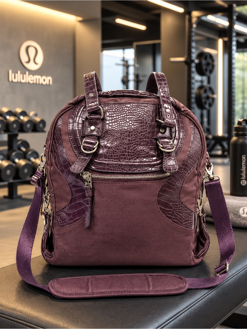 Lululemon Plum Croc Embossed XL Gym Weekender Bag + Shoe Bag
